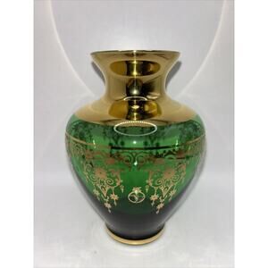 Vecchia Murano Handblown Green Glass Vase with Gold Flower Overlay VR Mark